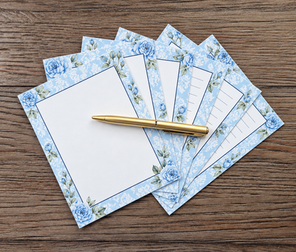 Soft Blue Floral Boxed Stationery Set – 20 Notecards, 20 Envelopes & Gold Pen - Chic Brico