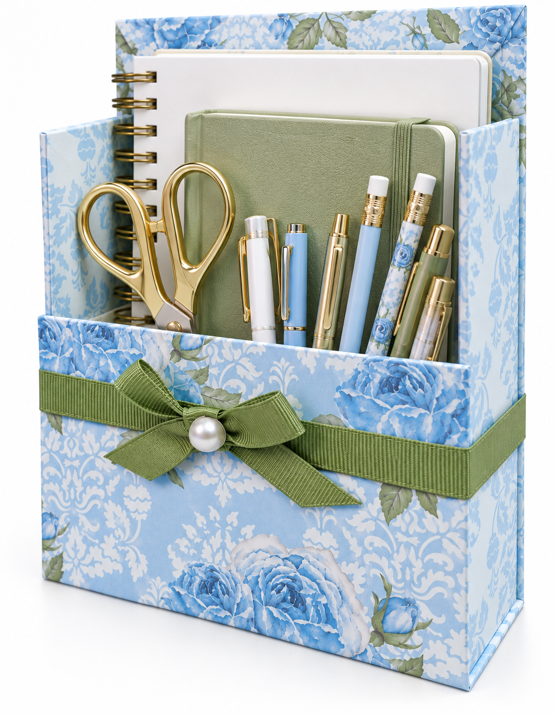 Soft Blue Floral Boxed Stationery Set – 20 Notecards, 20 Envelopes & Gold Pen - Chic Brico