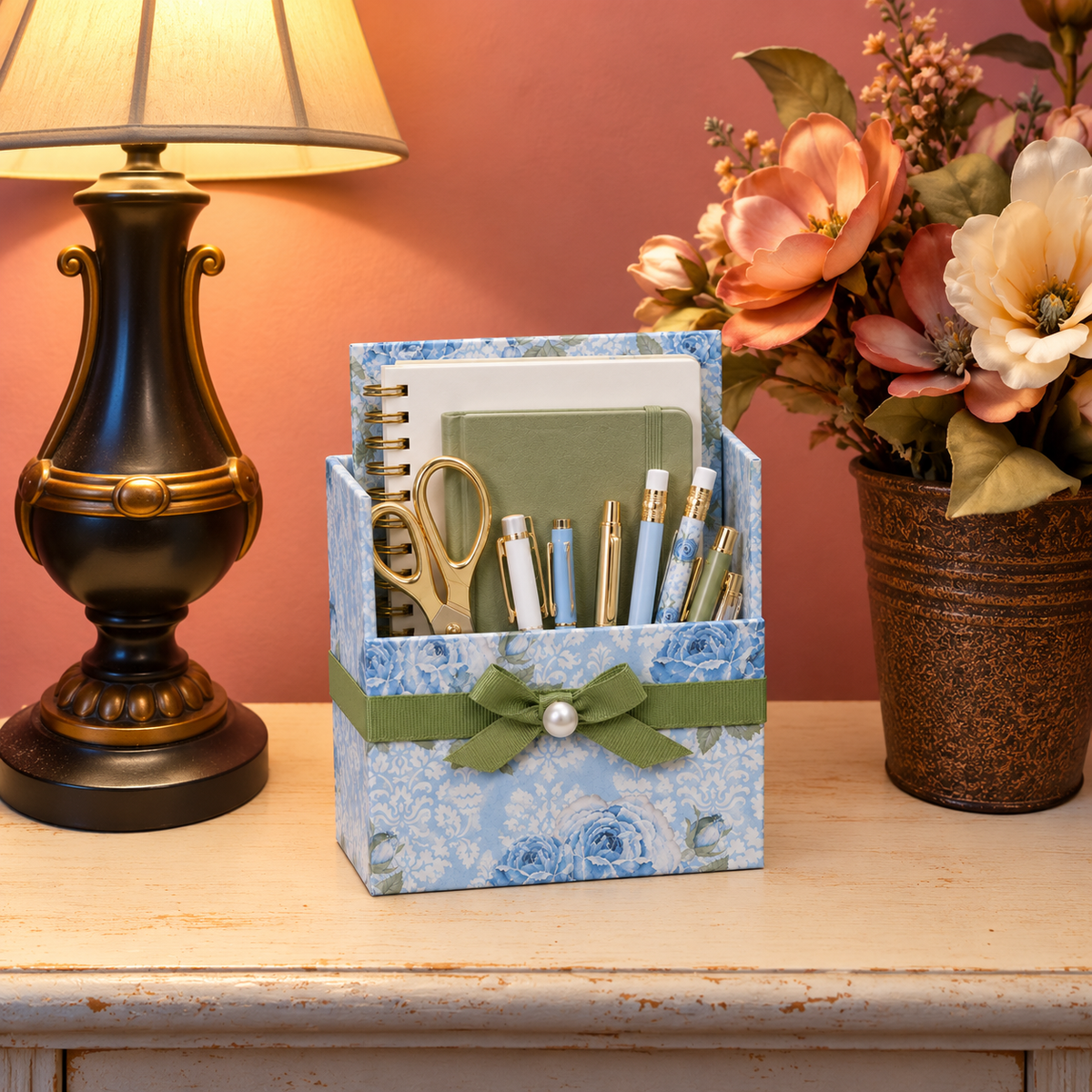Soft Blue Floral Boxed Stationery Set – 20 Notecards, 20 Envelopes & Gold Pen - Chic Brico