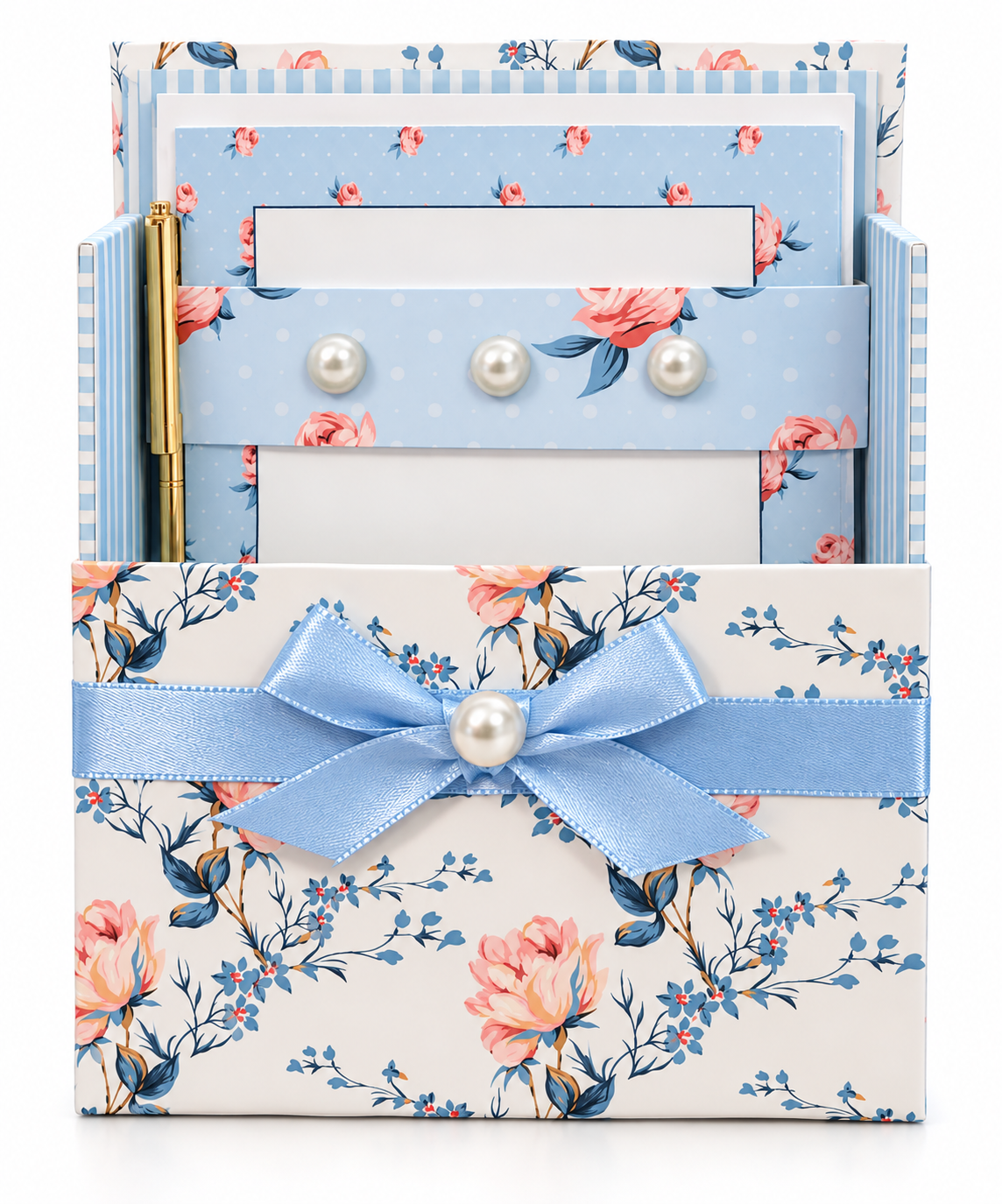 Bluebell & Blush Boxed Stationery Set – 20 Notecards, 20 Envelopes & Gold Pen - Chic Brico