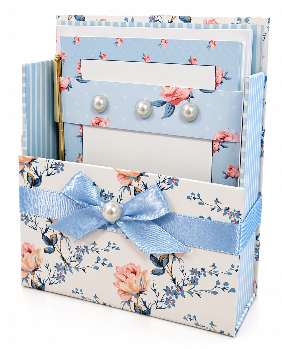 Bluebell & Blush Boxed Stationery Set – 20 Notecards, 20 Envelopes & Gold Pen - Chic Brico