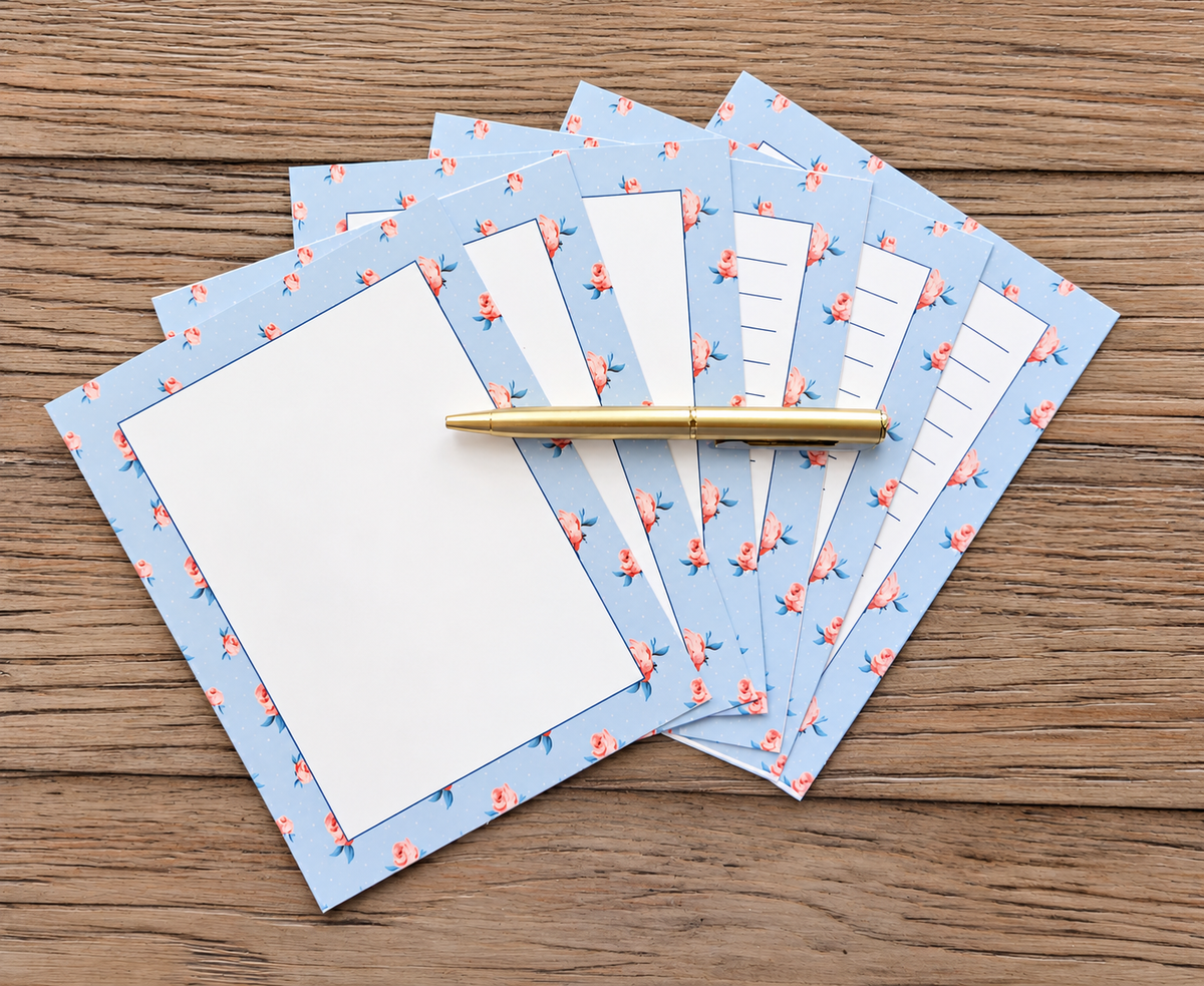 Bluebell & Blush Boxed Stationery Set – 20 Notecards, 20 Envelopes & Gold Pen - Chic Brico