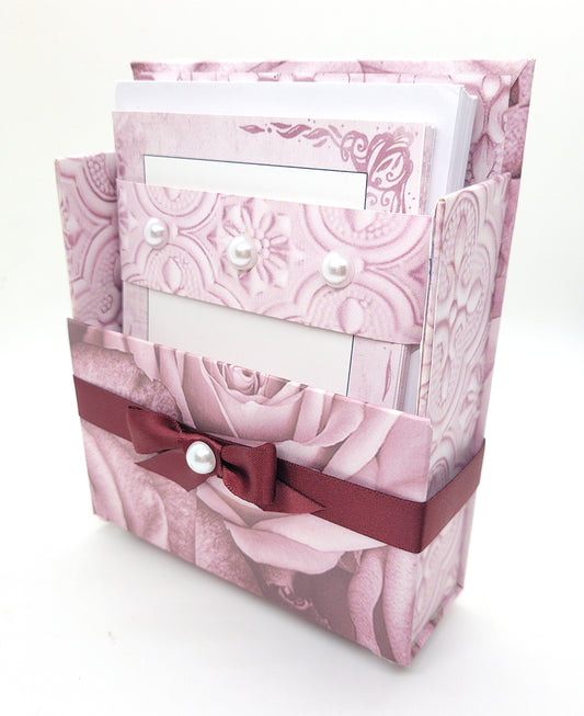 42-Pc Stationery Gift Box Set w/Reusable Desktop Organizer Box and Gold Pen - Vintage Burgundy Roses - Chic Brico
