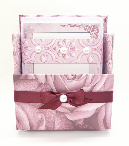 42-Pc Stationery Gift Box Set w/Reusable Desktop Organizer Box and Gold Pen - Vintage Burgundy Roses - Chic Brico