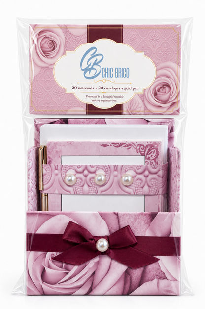 Burgundy Rose Romance Boxed Stationery Set – 20 Notecards, 20 Envelopes & Gold Pen