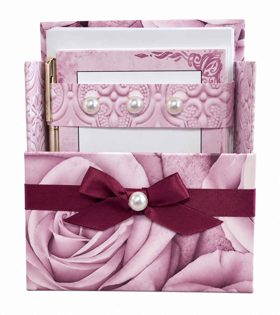 Burgundy Rose Romance Boxed Stationery Set – 20 Notecards, 20 Envelopes & Gold Pen