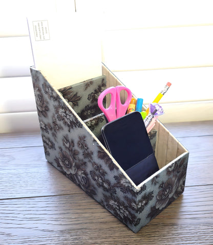 Fabric-Covered Divided Storage Tiered Organizer Box for Desktop or Tabletop, Vintage Victorian Wallpaper - Chic Brico