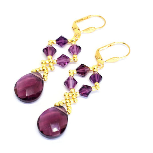 Genuine Austrian Crystal Teardrop Dangle Earrings - Amethyst & Gold - Chic Brico