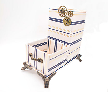 Navy Blue & Gold Nautical Stripes Desktop Organizer for Pens and Clips w/Metal Gears Accent - Chic Brico