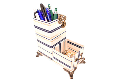 Navy Blue & Gold Nautical Stripes Desktop Organizer for Pens and Clips w/Metal Gears Accent - Chic Brico