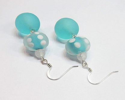 Aqua Blue & White Polka Dot Sea Glass Earrings - Chic Brico