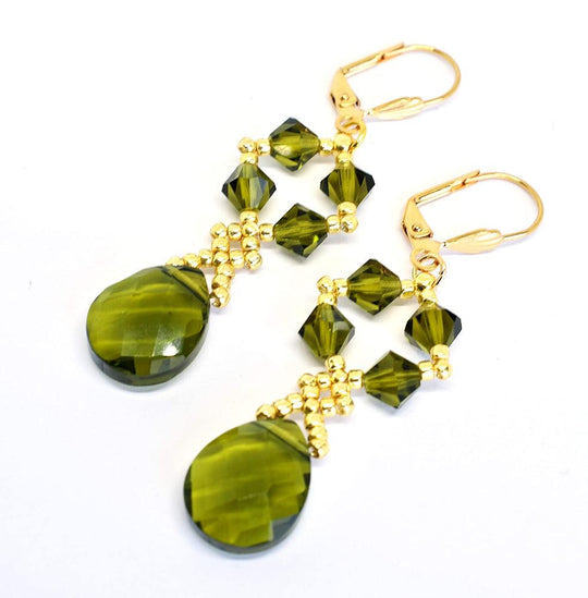 Genuine Austrian Crystal Teardrop Dangle Earrings - Olive Green - Chic Brico