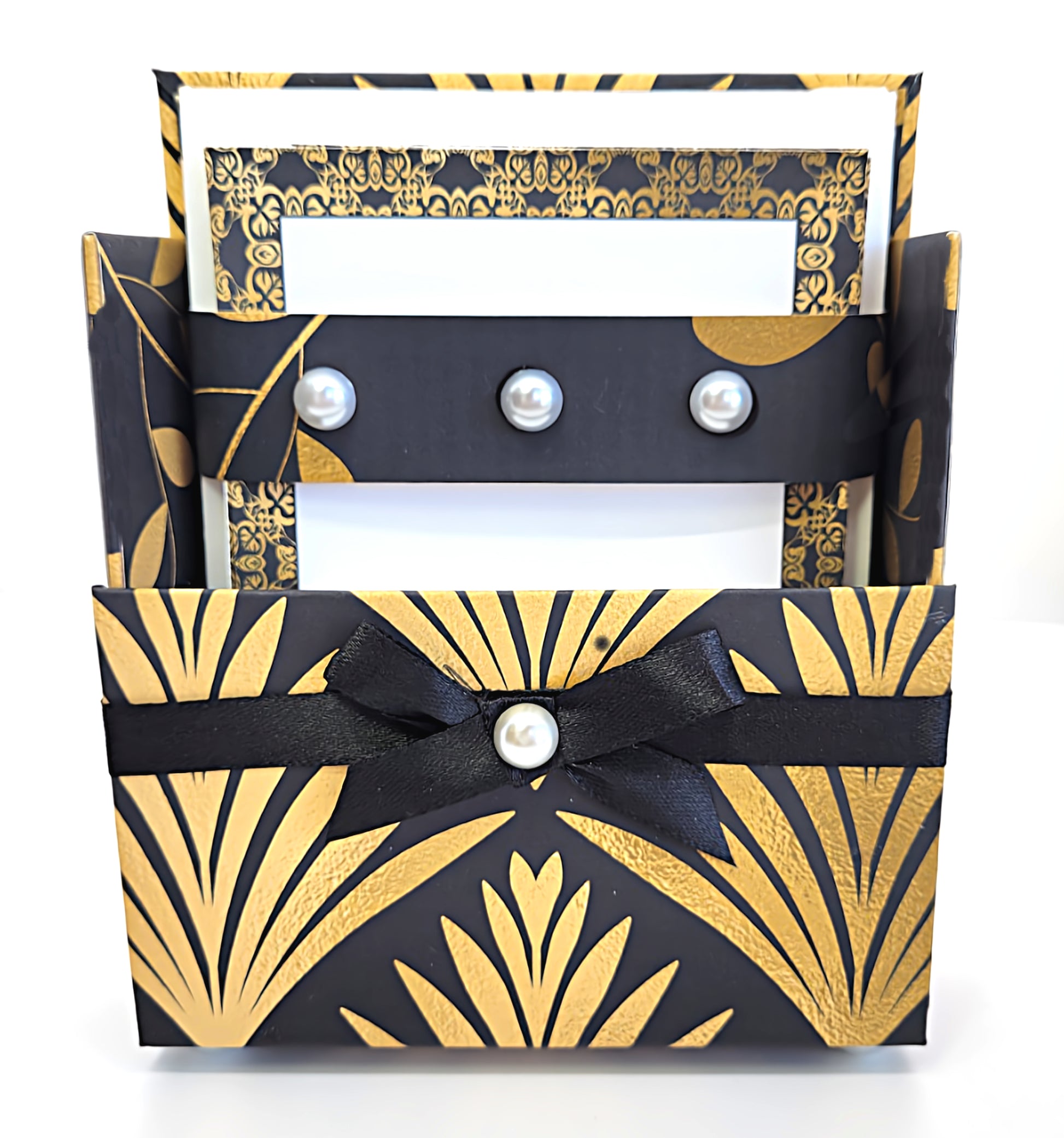 42-Pc Stationery For Him Gift Box Set w/Reusable Desktop Organizer Box and Gold Pen - Black & Gold Geometric - Chic Brico