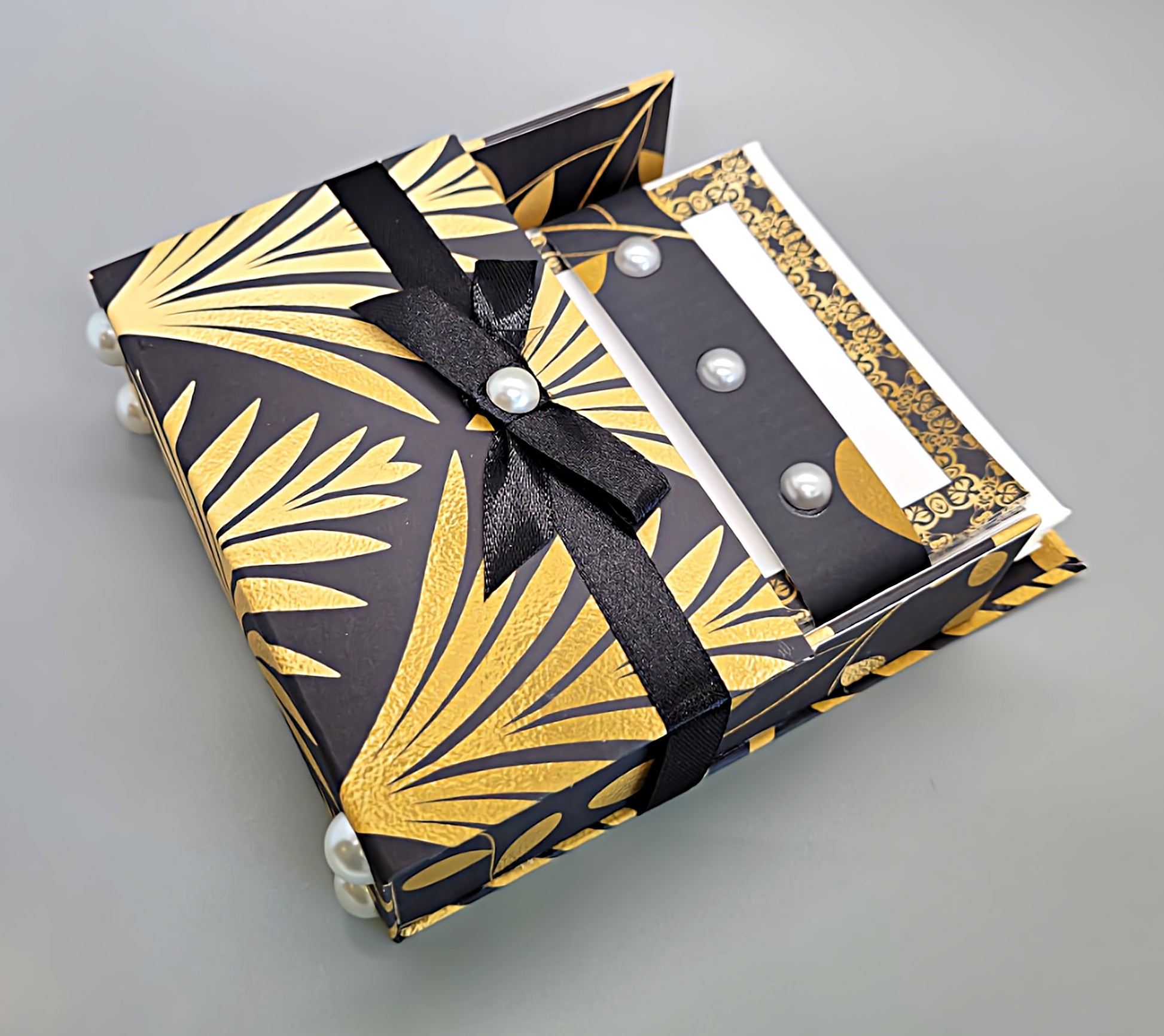 42-Pc Stationery For Him Gift Box Set w/Reusable Desktop Organizer Box and Gold Pen - Black & Gold Geometric - Chic Brico