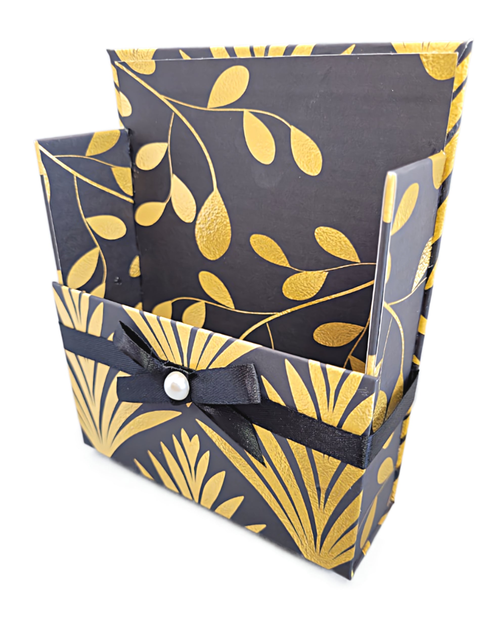 42-Pc Stationery For Him Gift Box Set w/Reusable Desktop Organizer Box and Gold Pen - Black & Gold Geometric - Chic Brico