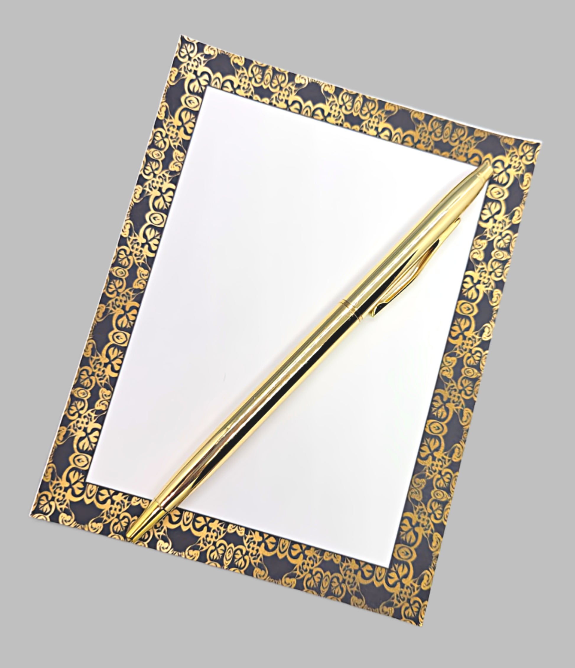 42-Pc Stationery For Him Gift Box Set w/Reusable Desktop Organizer Box and Gold Pen - Black & Gold Geometric - Chic Brico