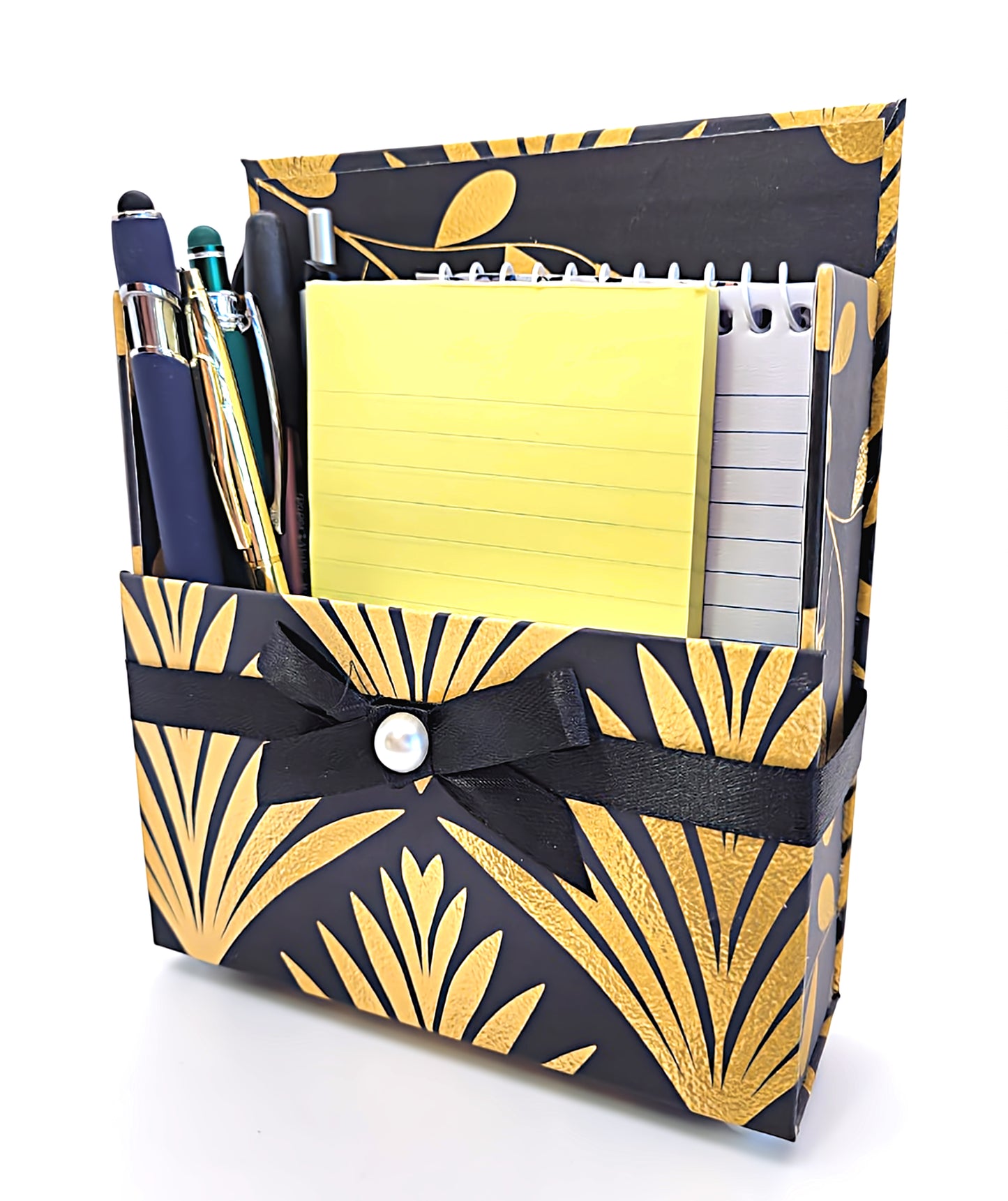 42-Pc Stationery For Him Gift Box Set w/Reusable Desktop Organizer Box and Gold Pen - Black & Gold Geometric - Chic Brico