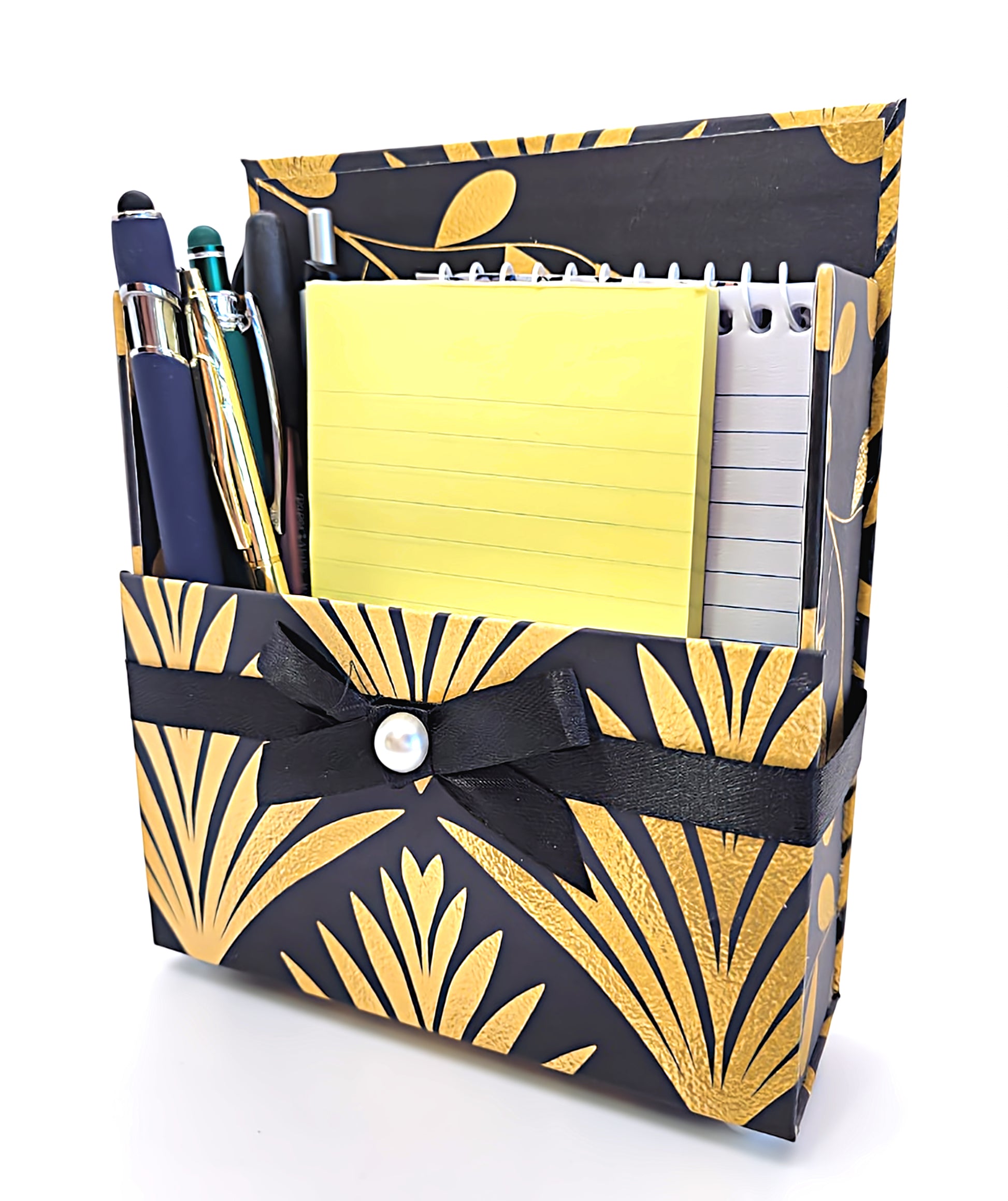42-Pc Stationery For Him Gift Box Set w/Reusable Desktop Organizer Box and Gold Pen - Black & Gold Geometric - Chic Brico