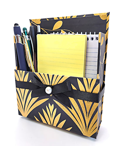 42-Pc Stationery For Him Gift Box Set w/Reusable Desktop Organizer Box and Gold Pen - Black & Gold Geometric - Chic Brico