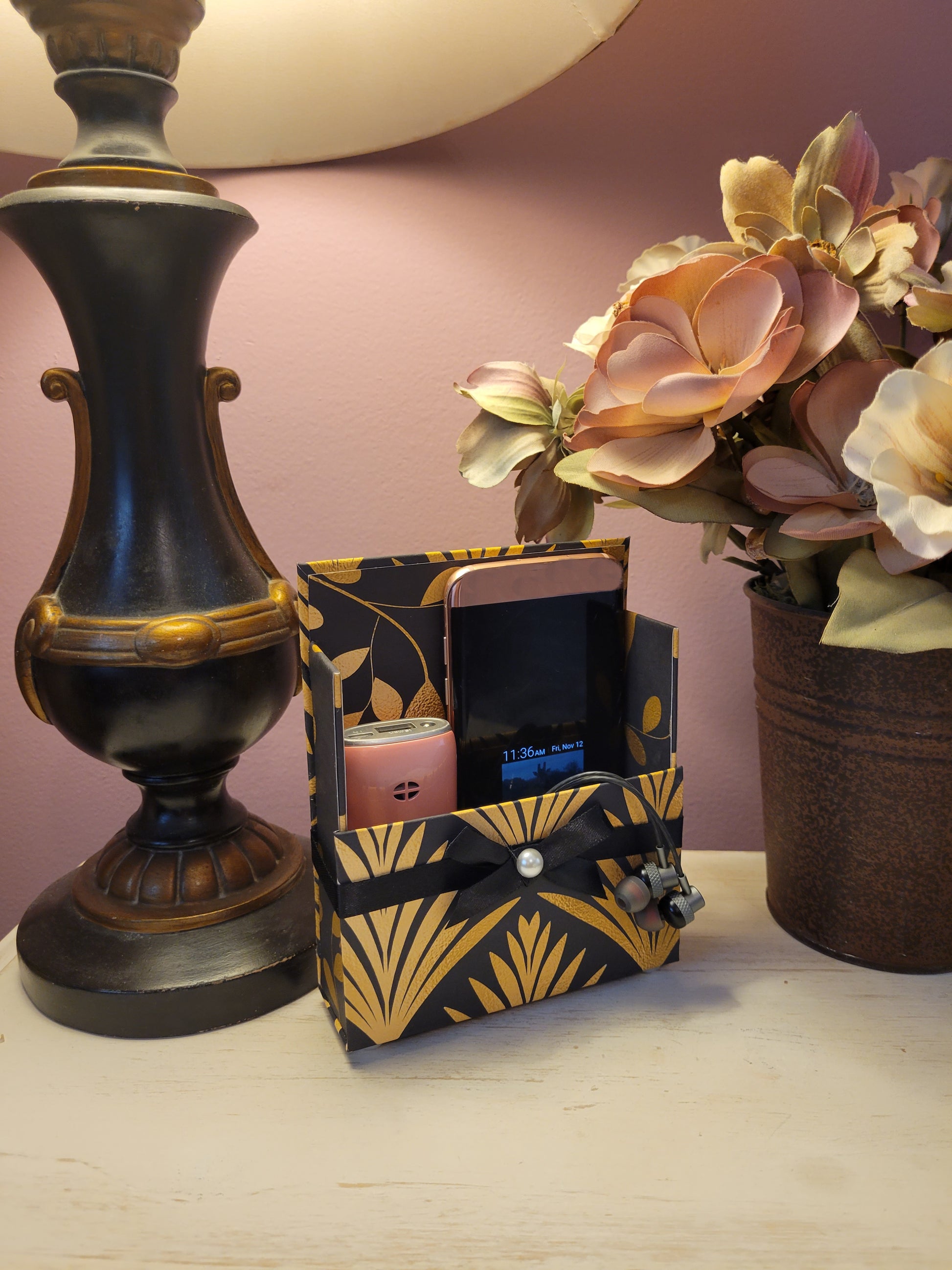 42-Pc Stationery For Him Gift Box Set w/Reusable Desktop Organizer Box and Gold Pen - Black & Gold Geometric - Chic Brico