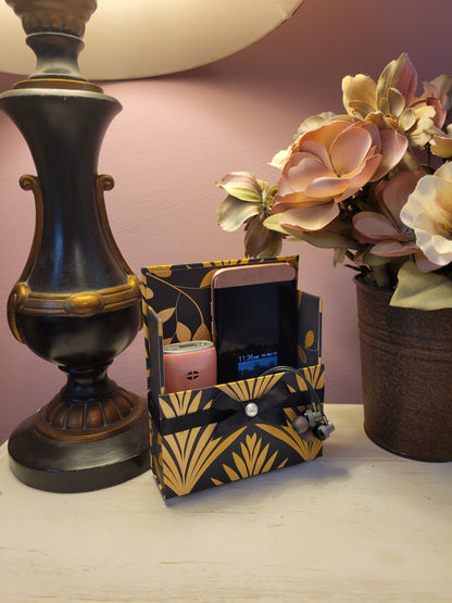 42-Pc Stationery For Him Gift Box Set w/Reusable Desktop Organizer Box and Gold Pen - Black & Gold Geometric - Chic Brico