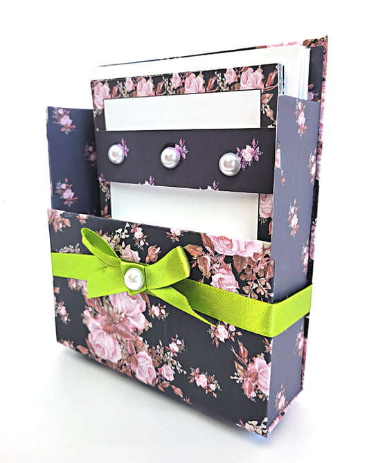 42-Pc Stationery Gift Box Set w/Reusable Desktop Organizer Box and Gold Pen - Pink & Coral Roses on Black - Chic Brico