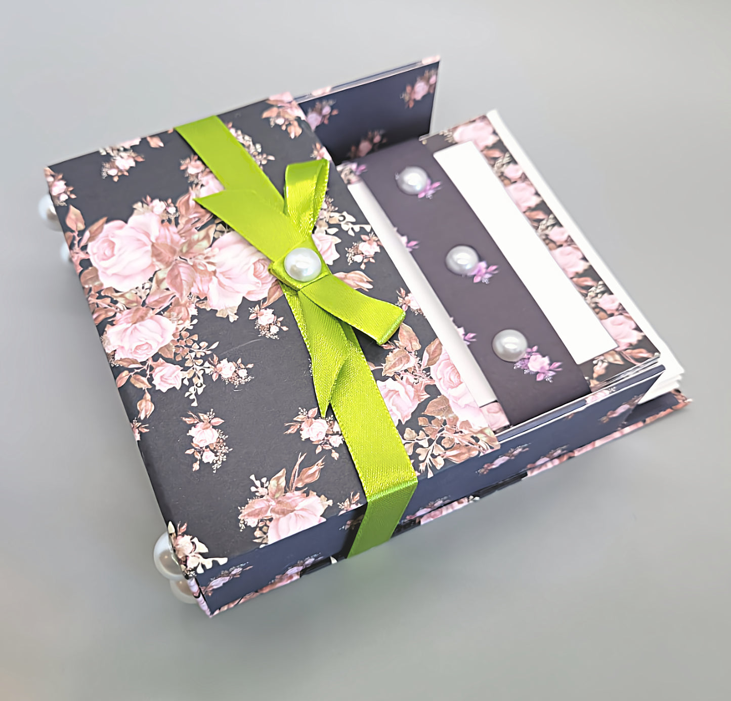 42-Pc Stationery Gift Box Set w/Reusable Desktop Organizer Box and Gold Pen - Pink & Coral Roses on Black - Chic Brico
