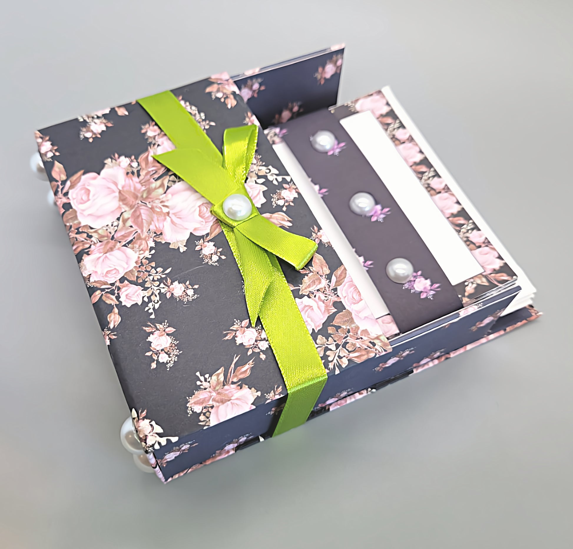42-Pc Stationery Gift Box Set w/Reusable Desktop Organizer Box and Gold Pen - Pink & Coral Roses on Black - Chic Brico