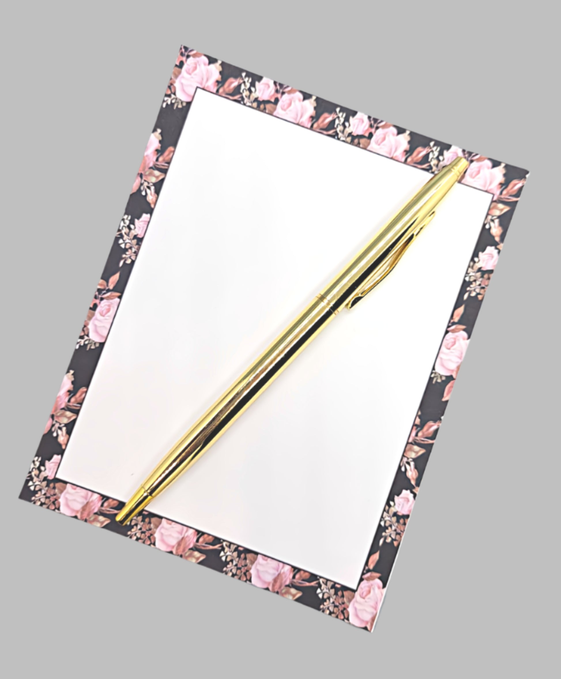 42-Pc Stationery Gift Box Set w/Reusable Desktop Organizer Box and Gold Pen - Pink & Coral Roses on Black - Chic Brico