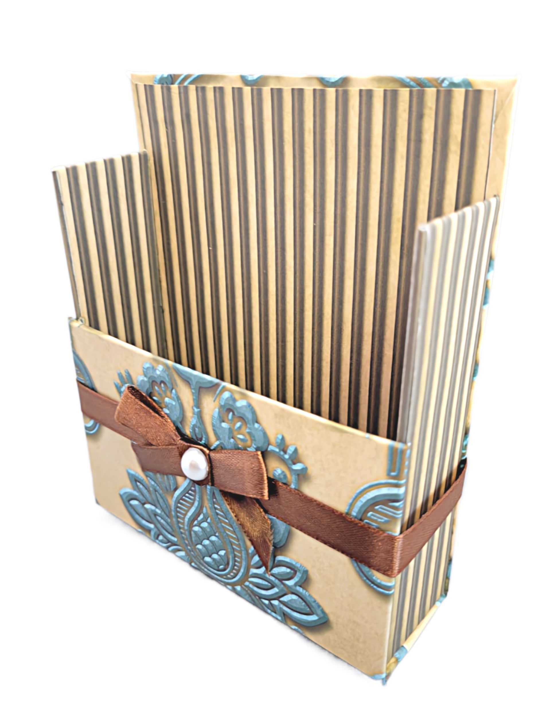 42-Pc Stationery For Him Gift Box Set w/Reusable Desktop Organizer Box and Gold Pen - Gentleman's Embossed Blue, Brown & Gold - Chic Brico
