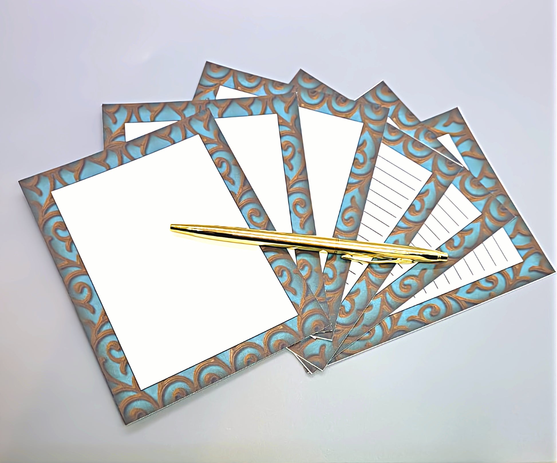 42-Pc Stationery For Him Gift Box Set w/Reusable Desktop Organizer Box and Gold Pen - Gentleman's Embossed Blue, Brown & Gold - Chic Brico