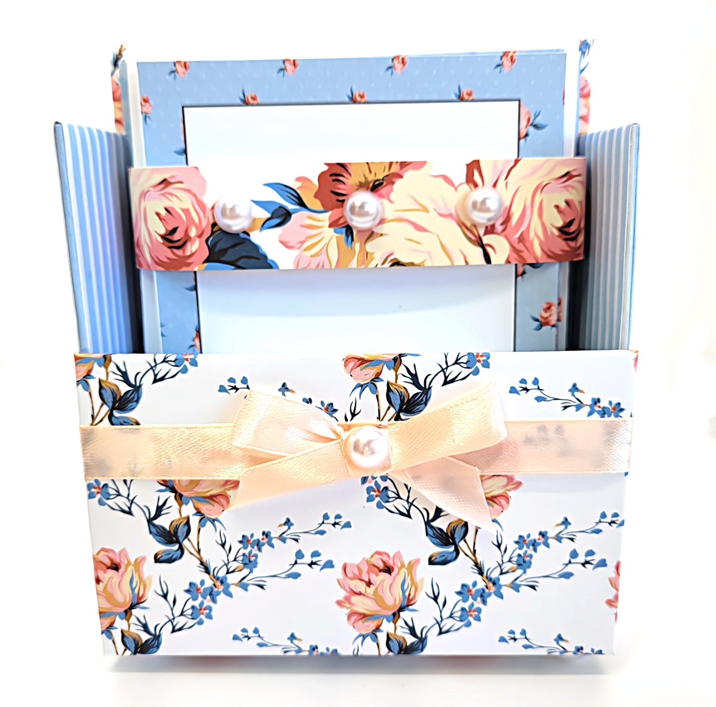 42-Pc Stationery Gift Box Set w/Reusable Desktop Organizer Box and Gold Pen - Vintage Blue Trellis Wallpaper - Chic Brico