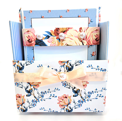 42-Pc Stationery Gift Box Set w/Reusable Desktop Organizer Box and Gold Pen - Vintage Blue Trellis Wallpaper - Chic Brico