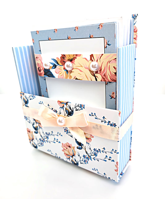 42-Pc Stationery Gift Box Set w/Reusable Desktop Organizer Box and Gold Pen - Vintage Blue Trellis Wallpaper - Chic Brico