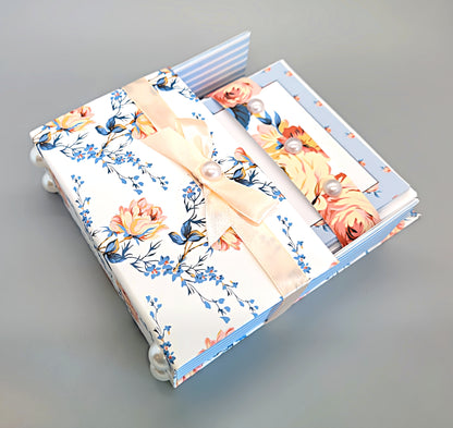 42-Pc Stationery Gift Box Set w/Reusable Desktop Organizer Box and Gold Pen - Vintage Blue Trellis Wallpaper - Chic Brico