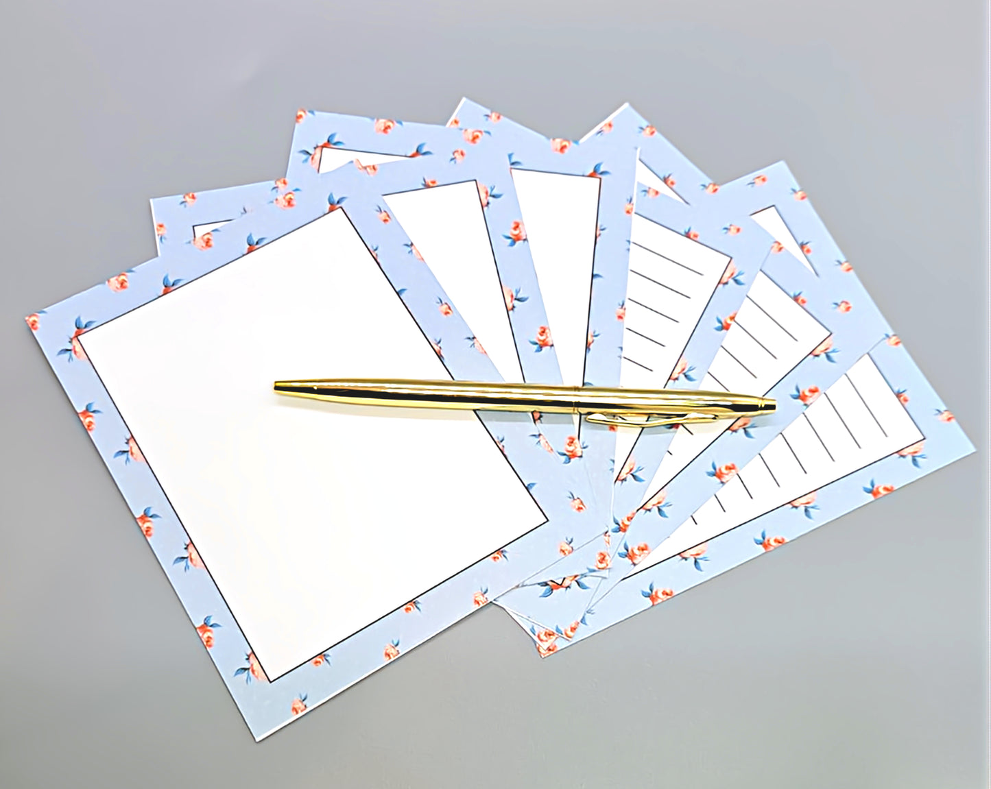 42-Pc Stationery Gift Box Set w/Reusable Desktop Organizer Box and Gold Pen - Vintage Blue Trellis Wallpaper - Chic Brico
