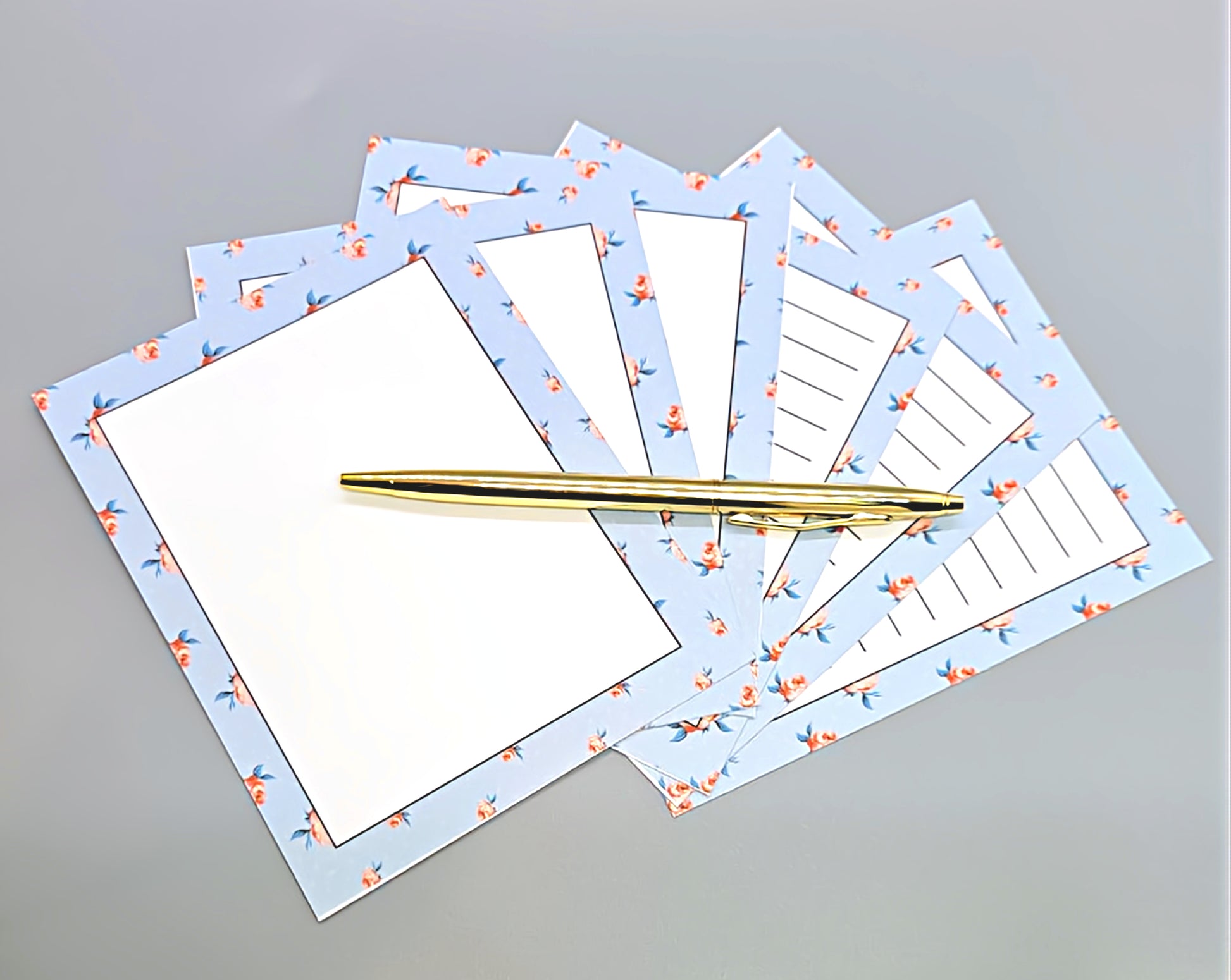 42-Pc Stationery Gift Box Set w/Reusable Desktop Organizer Box and Gold Pen - Vintage Blue Trellis Wallpaper - Chic Brico