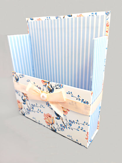 42-Pc Stationery Gift Box Set w/Reusable Desktop Organizer Box and Gold Pen - Vintage Blue Trellis Wallpaper - Chic Brico
