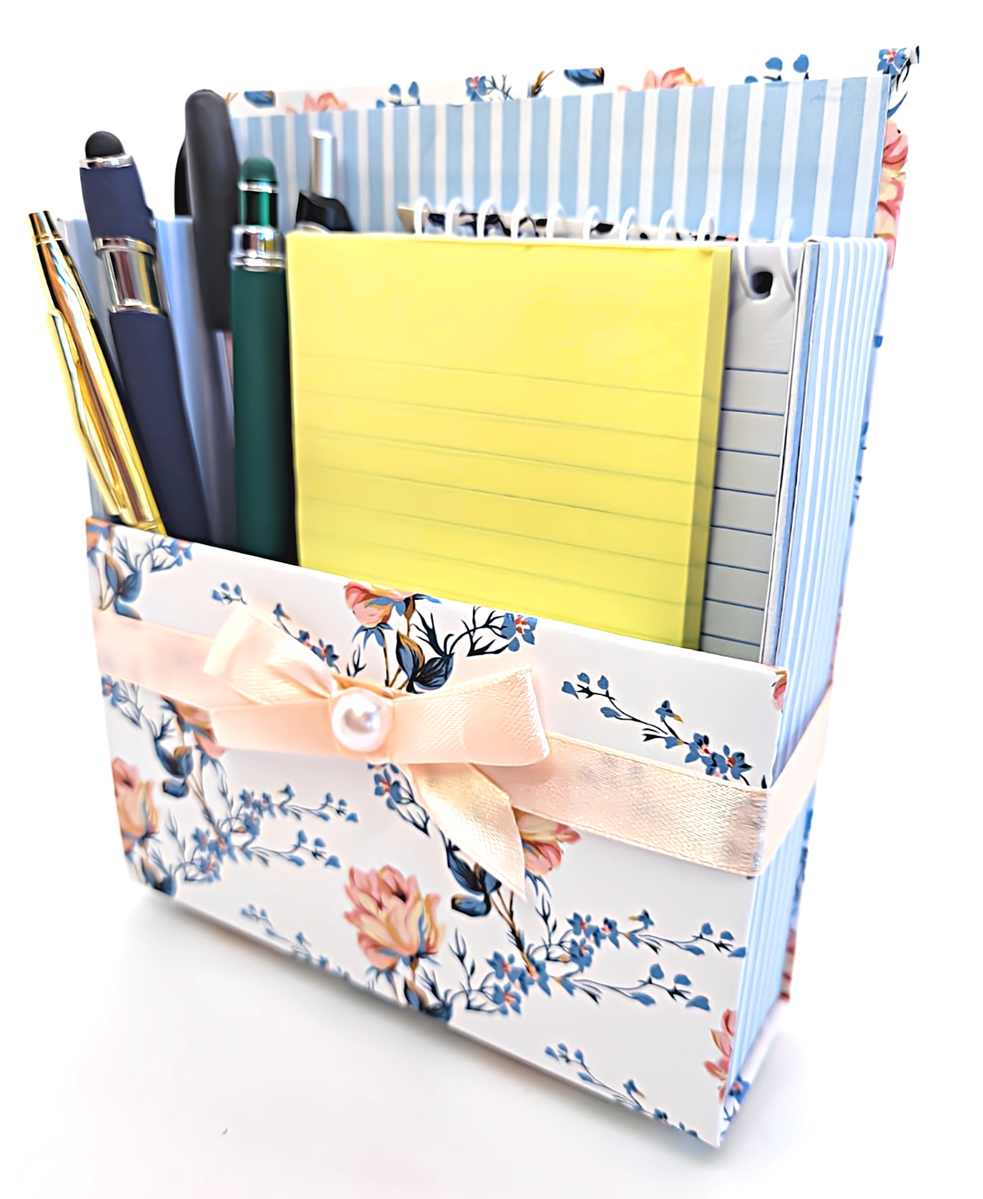 42-Pc Stationery Gift Box Set w/Reusable Desktop Organizer Box and Gold Pen - Vintage Blue Trellis Wallpaper - Chic Brico