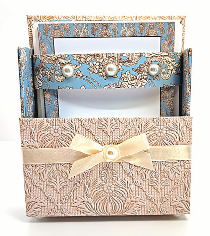 42-Pc Stationery Gift Box Set w/Reusable Desktop Organizer Box and Gold Pen - Blue & Ivory Lace - Chic Brico