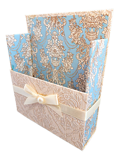 42-Pc Stationery Gift Box Set w/Reusable Desktop Organizer Box and Gold Pen - Blue & Ivory Lace - Chic Brico