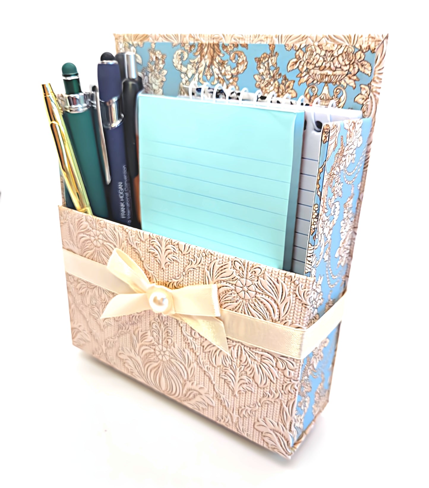 42-Pc Stationery Gift Box Set w/Reusable Desktop Organizer Box and Gold Pen - Blue & Ivory Lace - Chic Brico