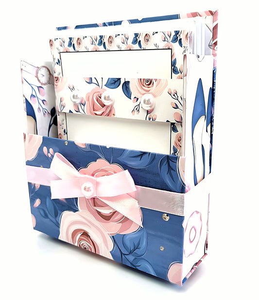 42-Pc Stationery Gift Box Set with Reusable Desktop Organizer Box  (Pink & Blue Floral Roses) - Chic Brico