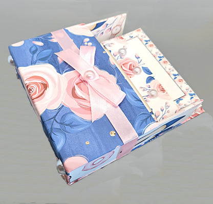 42-Pc Stationery Gift Box Set with Reusable Desktop Organizer Box  (Pink & Blue Floral Roses) - Chic Brico