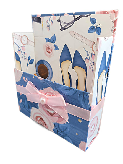 42-Pc Stationery Gift Box Set with Reusable Desktop Organizer Box  (Pink & Blue Floral Roses) - Chic Brico