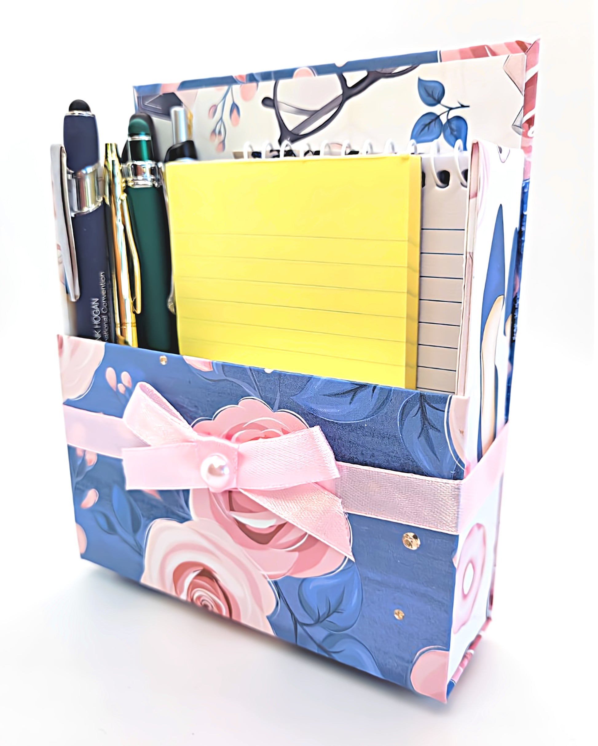 42-Pc Stationery Gift Box Set with Reusable Desktop Organizer Box  (Pink & Blue Floral Roses) - Chic Brico