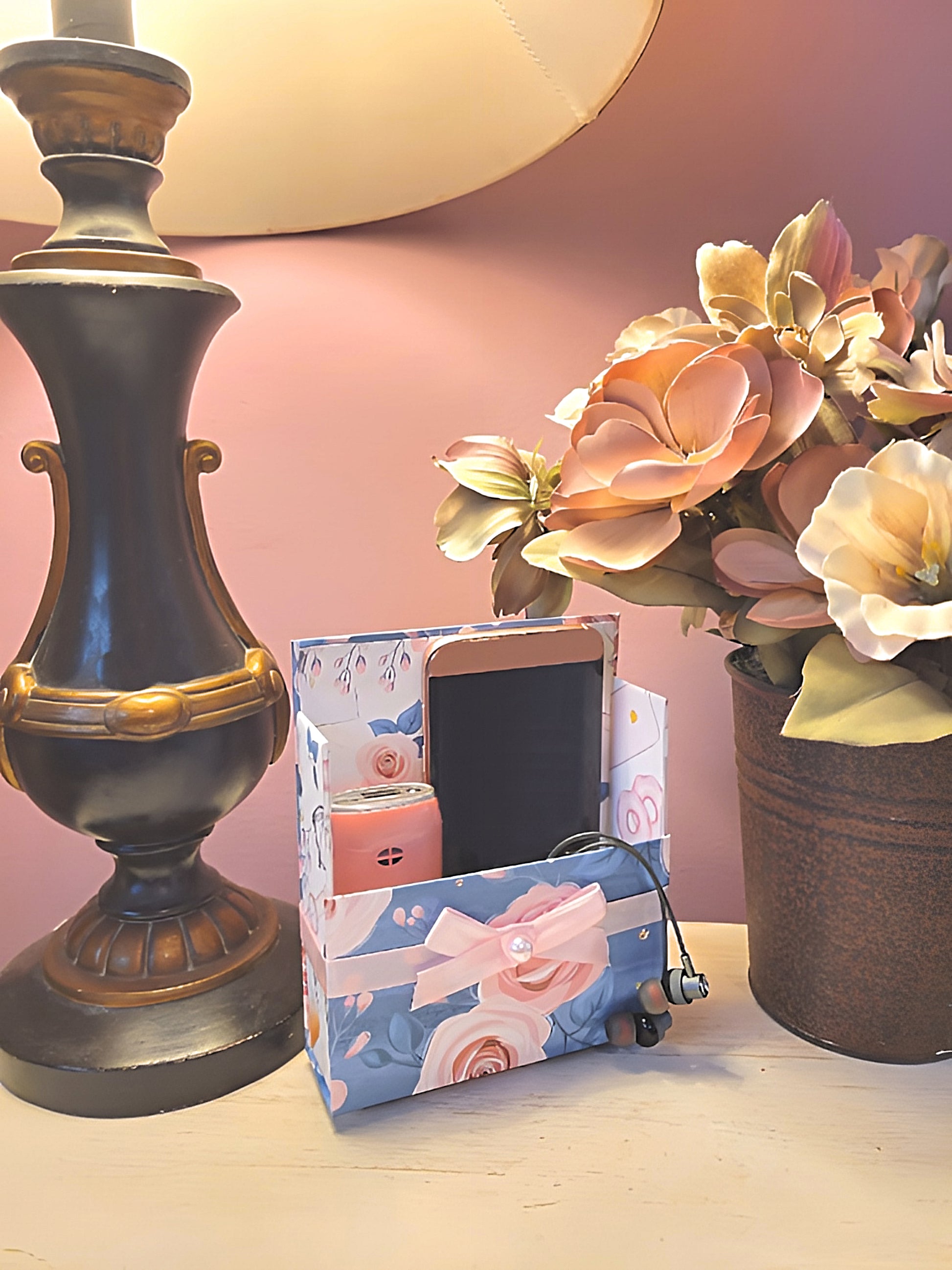 42-Pc Stationery Gift Box Set with Reusable Desktop Organizer Box  (Pink & Blue Floral Roses) - Chic Brico