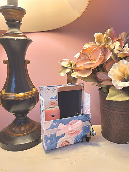 42-Pc Stationery Gift Box Set with Reusable Desktop Organizer Box  (Pink & Blue Floral Roses) - Chic Brico