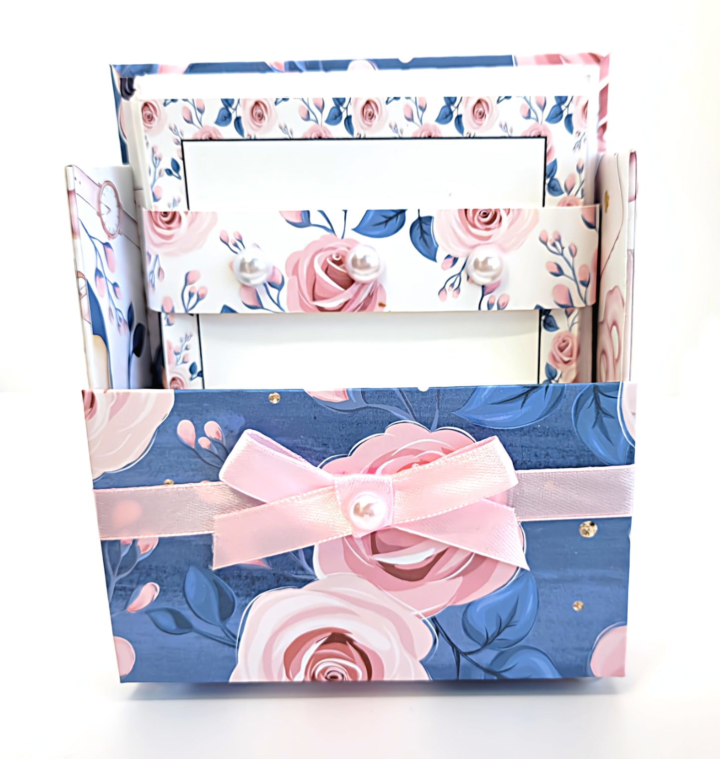 42-Pc Stationery Gift Box Set with Reusable Desktop Organizer Box  (Pink & Blue Floral Roses) - Chic Brico