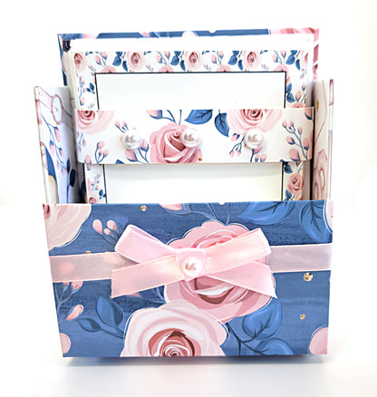 42-Pc Stationery Gift Box Set with Reusable Desktop Organizer Box  (Pink & Blue Floral Roses) - Chic Brico